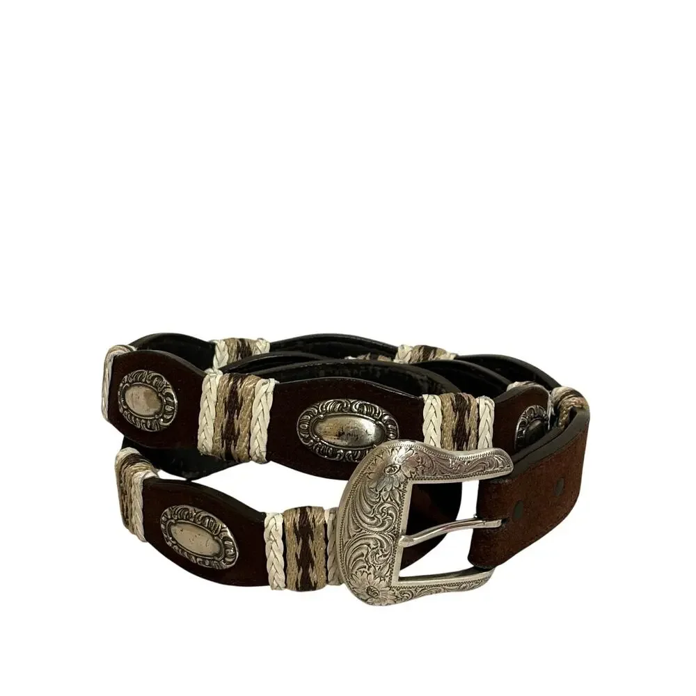 Western Genuine Leather Belt Men’s XXL Brown Rawhide Lacing Silvertone Conchos